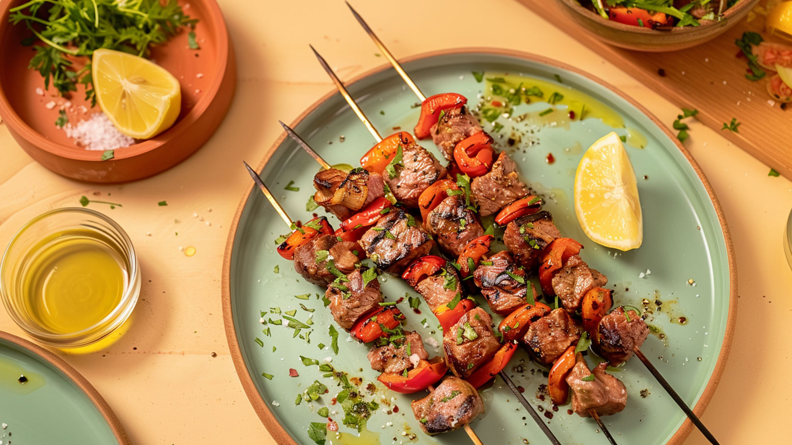 Gegrillte Spieße mit Fleisch und buntem Gemüse, garniert mit frischen Kräutern. Die Spieße liegen auf einem grünen Teller, umgeben von einer Limettenscheibe und einer kleinen Schale mit Olivenöl. Im Hintergrund sind weitere Zutaten sichtbar.
