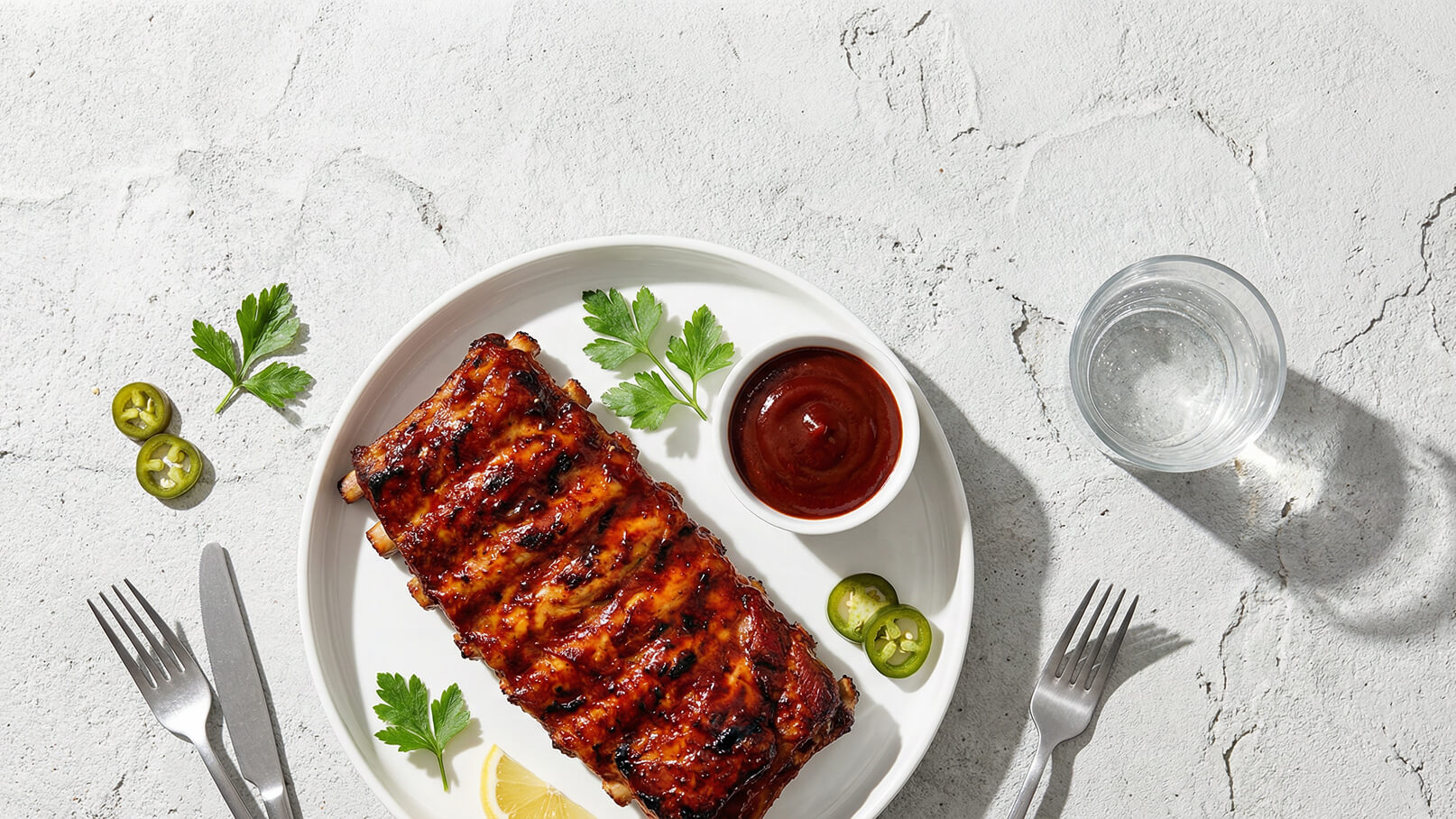 Ein Teller mit gegrillten Rippchen, glasiert mit einer dunklen BBQ-Sauce, liegt auf einem weißen Untergrund. Daneben befinden sich ein Schälchen mit BBQ-Sauce, frische Petersilie, zwei Scheiben grüner Jalapeños und eine Zitronenscheibe. Ein Glas Wasser ist ebenfalls sichtbar.