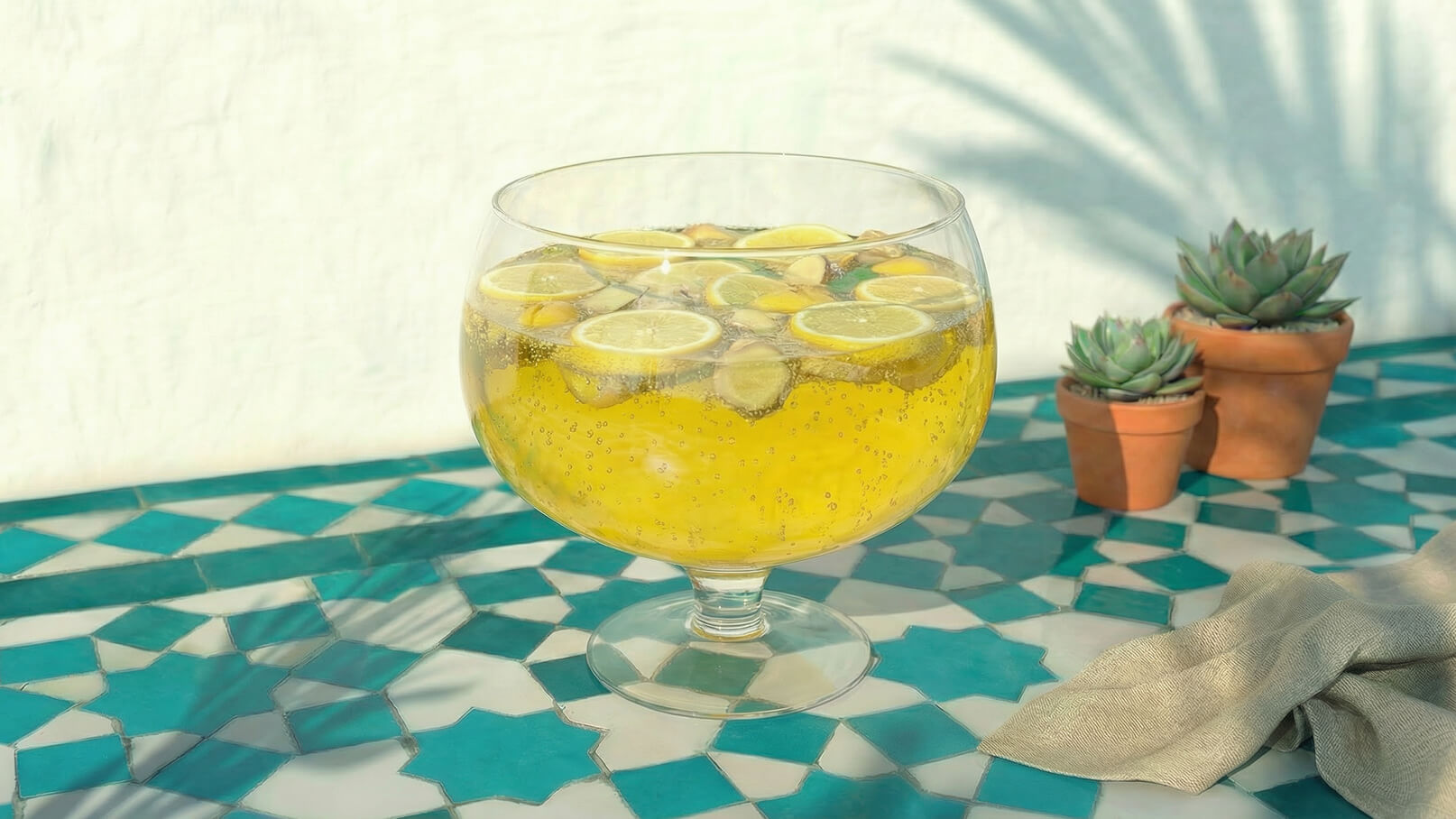 Ein großes Glas mit sprudelndem Gelbgetränk, das mit Limettenscheiben garniert ist. Es steht auf einem türkisfarbenen, gemusterten Tisch. Im Hintergrund sind zwei Tontöpfe mit Sukkulenten sichtbar.