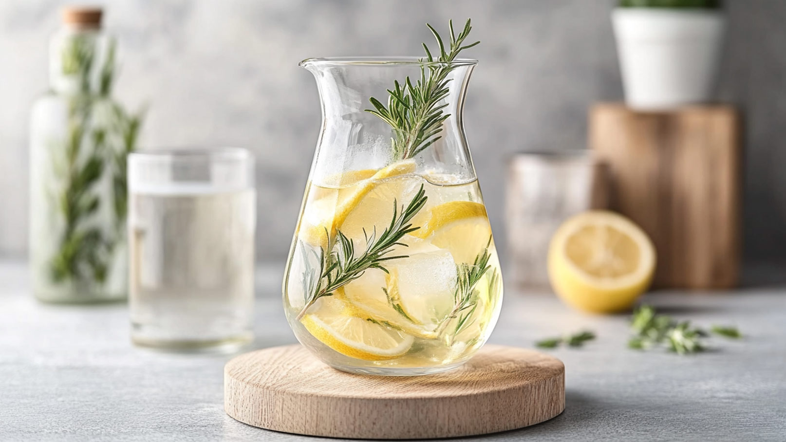 Ein Glasbehälter mit Zitronenscheiben und frischen Kräutern steht auf einem Holzuntersetzer. Im Hintergrund ist ein weiteres Glas mit klarem Wasser sichtbar. Die Anordnung vermittelt eine erfrischende, sommerliche Stimmung.