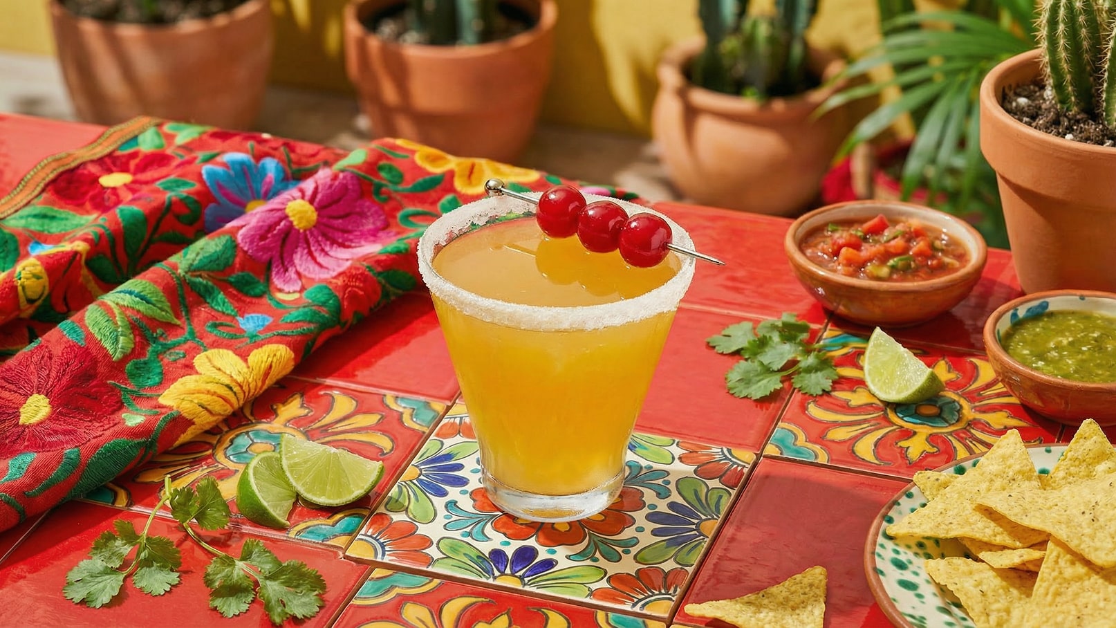 Ein bunt dekoriertes Glas mit einem gelben Cocktail, garniert mit drei Kirschen auf einem Spieß, steht auf einem rot gemusterten Tisch. Dazu liegen Limettenscheiben, frischer Koriander und Tortilla-Chips, sowie zwei Schalen mit Salsa und grüner Sauce.