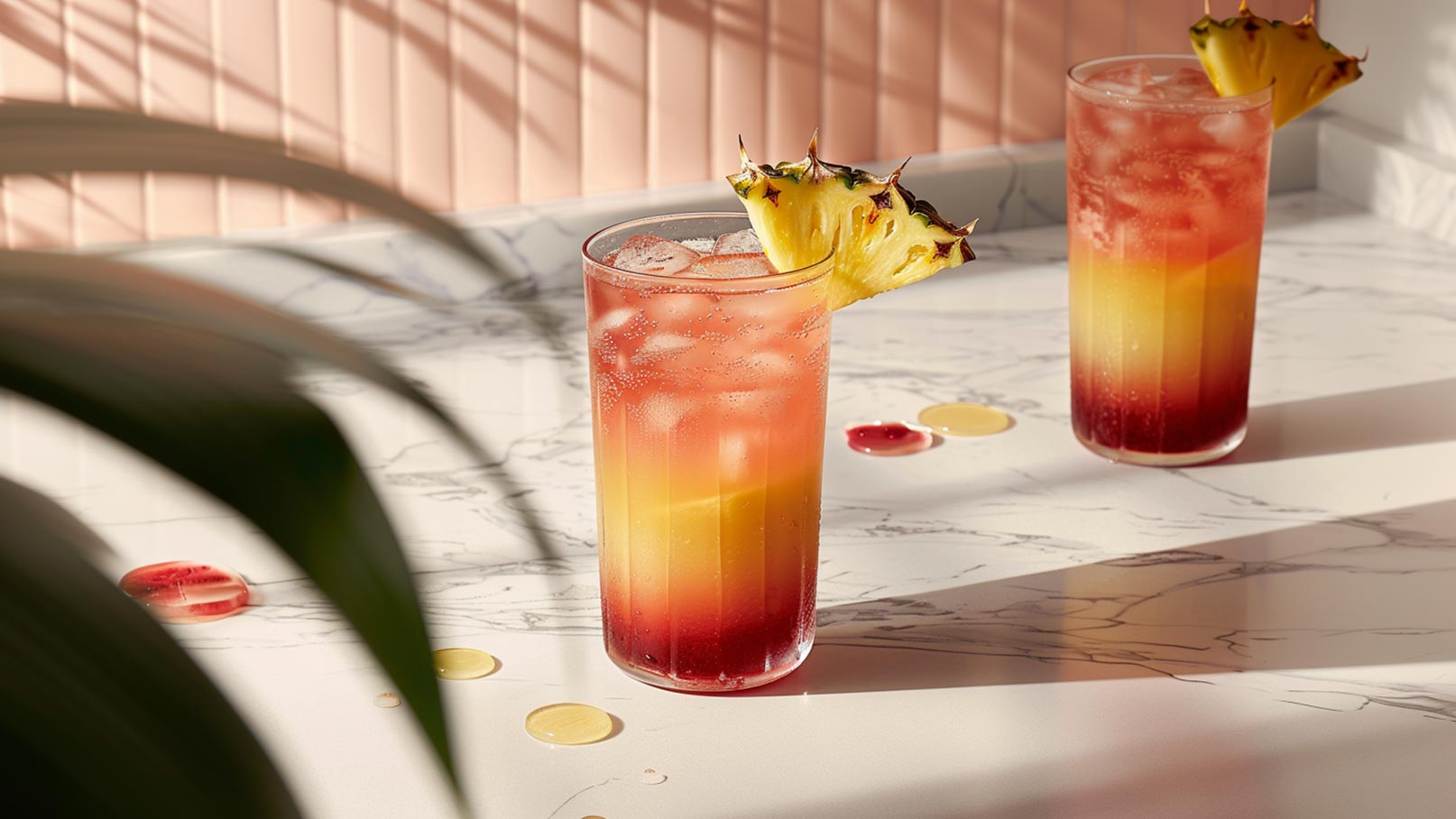 Ein farbenfroher Cocktail in einem Weinglas mit Eiswürfeln, Ananasstücken und einer Ananasdekor. Im Hintergrund sind eine frische Ananas und einige Orangenscheiben sichtbar. Der Cocktail strahlt einen erfrischenden, tropischen Eindruck aus.