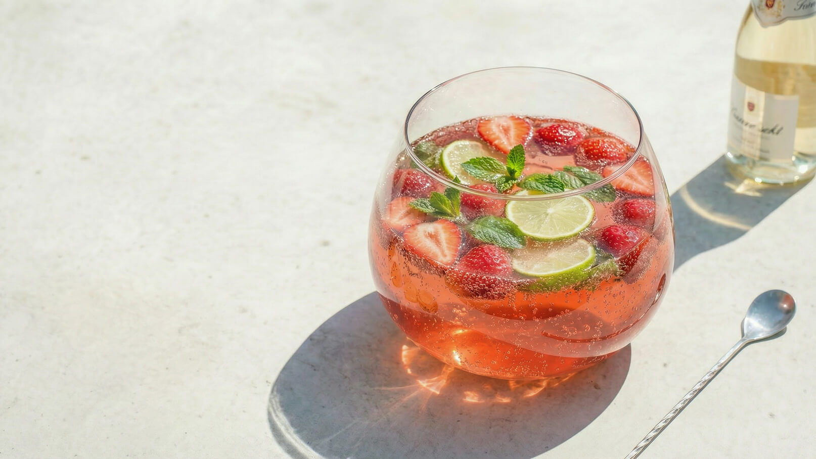 Ein Glas mit sprudelndem Getränk befindet sich auf einem hellen Tisch. Es ist mit frischen Erdbeeren, Limetten und Minzblättern gefüllt. Im Hintergrund steht eine Flasche, die möglicherweise den Inhalt ergänzt.