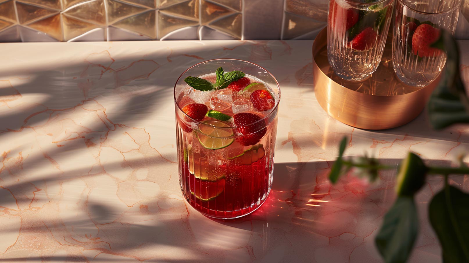 Zwei Gläser mit frischen Cocktails, gefüllt mit Eiswürfeln, Limetten- und Zitronenscheiben sowie frischen Erdbeeren und Minzblättern. Die Getränke sind bunt und ansprechend, auf einer hellen Oberfläche platziert.