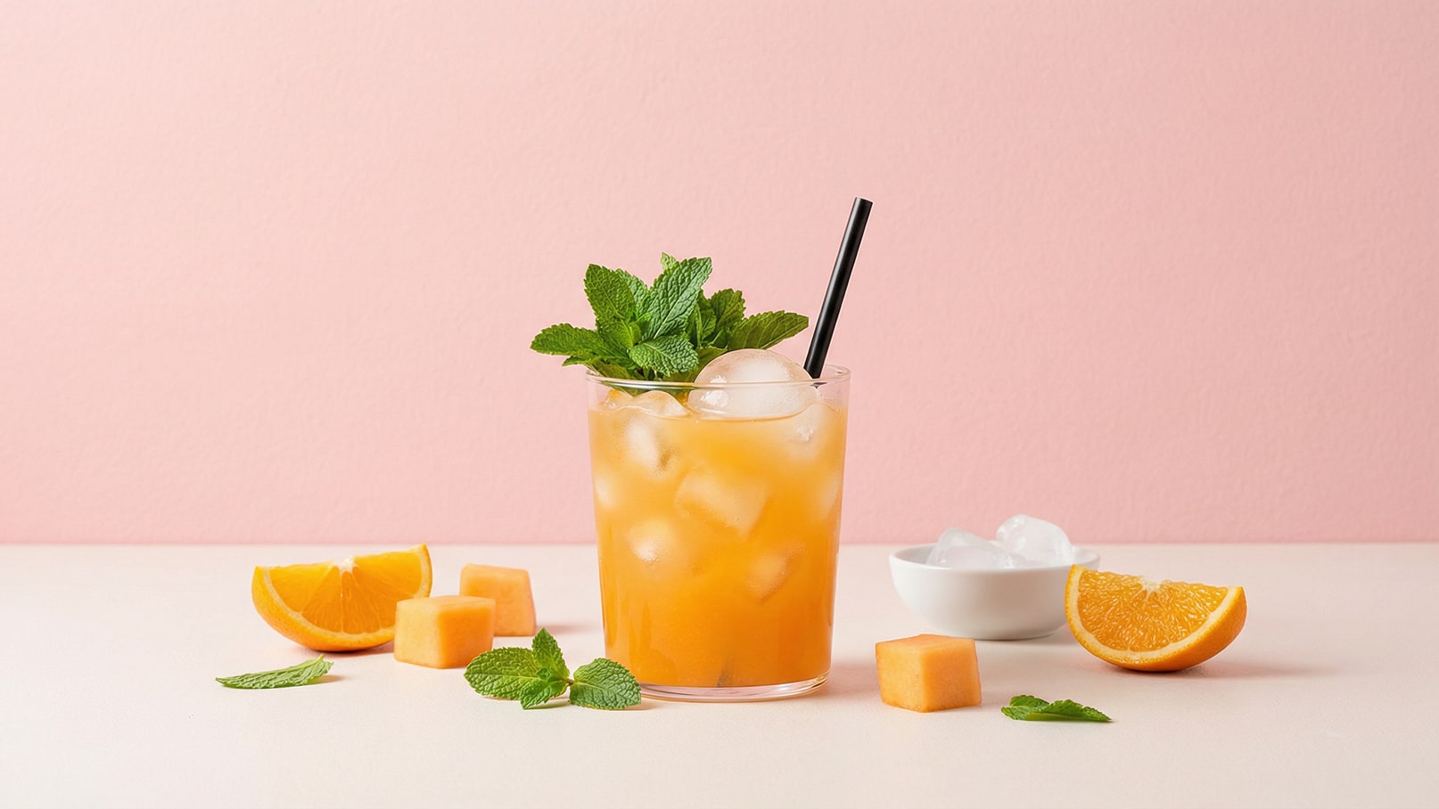 Ein erfrischender Cocktail in einem transparenten Glas mit Eiswürfeln und frischer Minze obendrauf. Daneben liegen einige Stücke Melone, frische Minzblätter und eine halbe Orange auf einem hellen Untergrund, vor einem rosa Hintergrund.