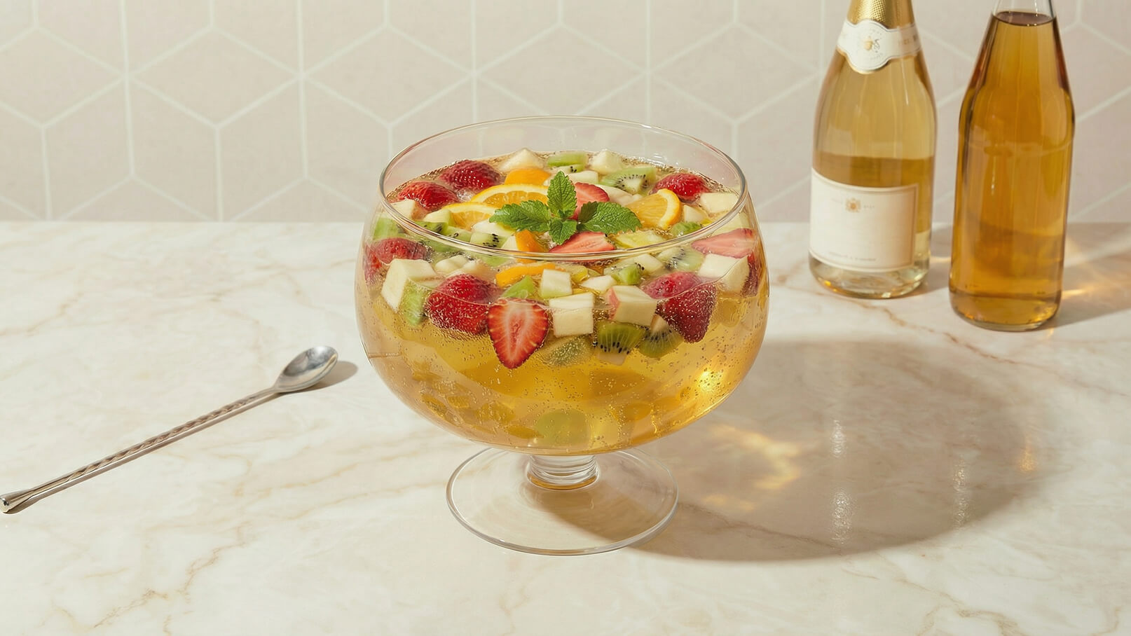 Eine große Glasschüssel mit buntem Fruchtsalat, der aus Erdbeeren, Kiwis, Äpfeln und Orangenstücken besteht. Die Früchte schwimmen in einer sprudelnden, hellen Flüssigkeit. Eine frische Minze dekoriert die Oberfläche. Im Hintergrund stehen zwei Flaschen in ähnlicher Farbe.