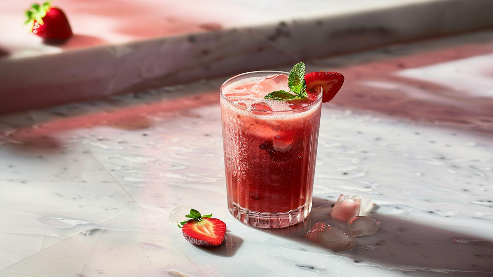 Auf dem Bild ist ein erfrischender Erdbeer-Frapé in einem hohen Glas zu sehen, das mit frischen Erdbeeren dekoriert ist. Hinter dem Glas befinden sich zwei Zitronen, die eine frische Note ergänzen. Der schlichte Hintergrund aus braunem Holz unterstreicht die Natürlichkeit und Eleganz des Getränks. Die leuchtend roten Erdbeeren und die Zitronen verleihen dem Bild eine sommerliche Frische und laden zum Genießen ein. Ein ansprechendes visuelles Erlebnis, das den Geschmack und die Schönheit des Frühlings einfängt.