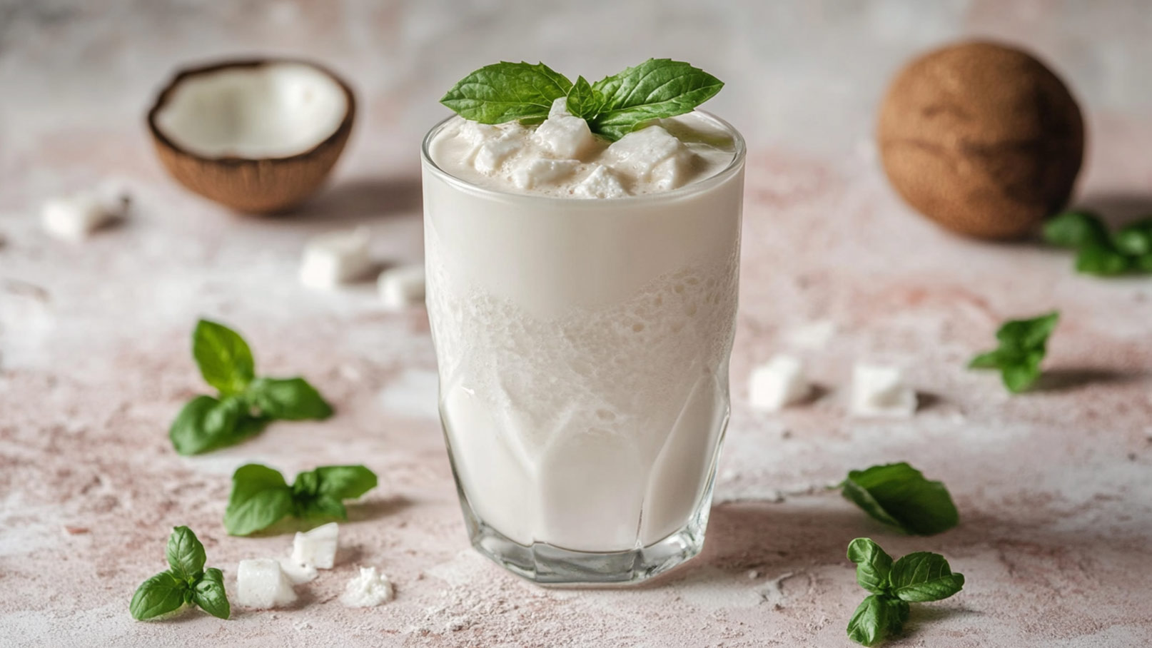 Das Bild präsentiert mehrere Gläser gefüllt mit einem köstlichen Kokosmilchshake. Die Gläser sind dekoriert mit Kokosstreuseln, Strohhalmen, einem Pfirsich und Minze für einen frischen Touch. Der Untergrund ist in einem sanften Blauton gehalten und mit Kokosstreuseln und Pfirsichschnitzen bestreut, was dem Bild eine sommerliche und erfrischende Atmosphäre verleiht. 
