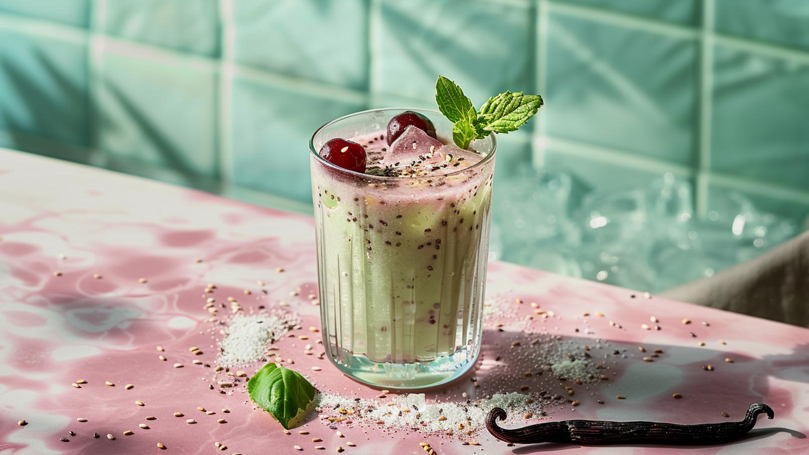 Zwei Gläser mit einem cremigen Smoothie, garniert mit Chiasamen und frischem Basilikum. Im Hintergrund sind geschnittene Avocados zu sehen. Der Smoothie hat eine hellgrüne Farbe und ist in einem transparenten Glas serviert.