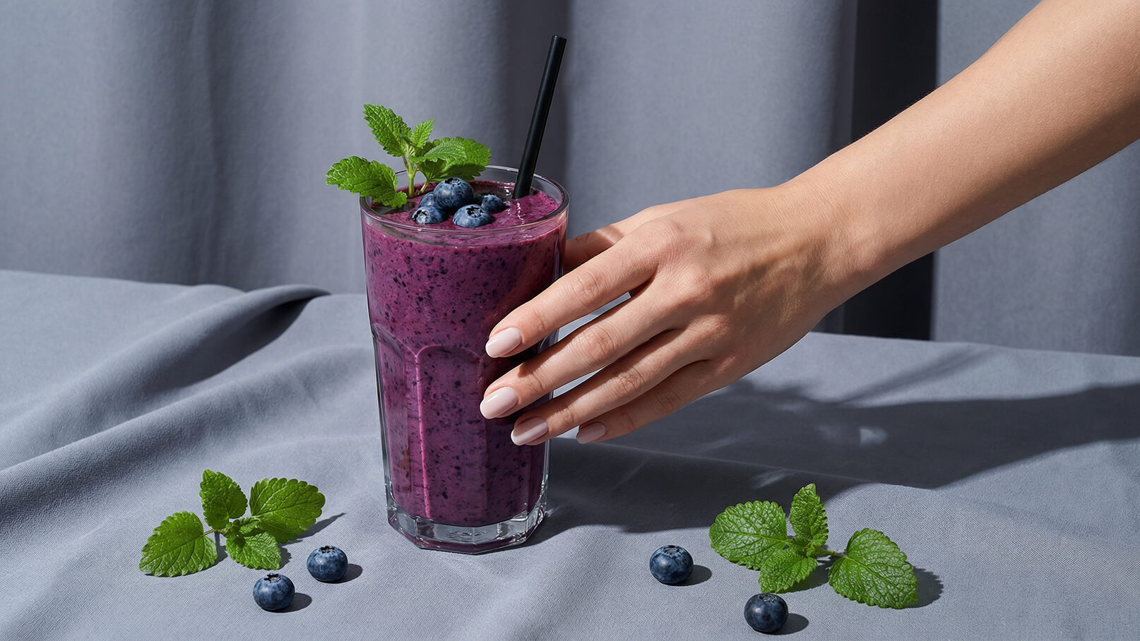 Ein Glas lila Smoothie mit Blaubeeren und Minzblättern wird auf einem grauen Tisch platziert. Eine Hand greift nach dem Glas, um es möglicherweise zu trinken. Blaubeeren und Minzblätter liegen zusätzlich auf der Tischfläche.