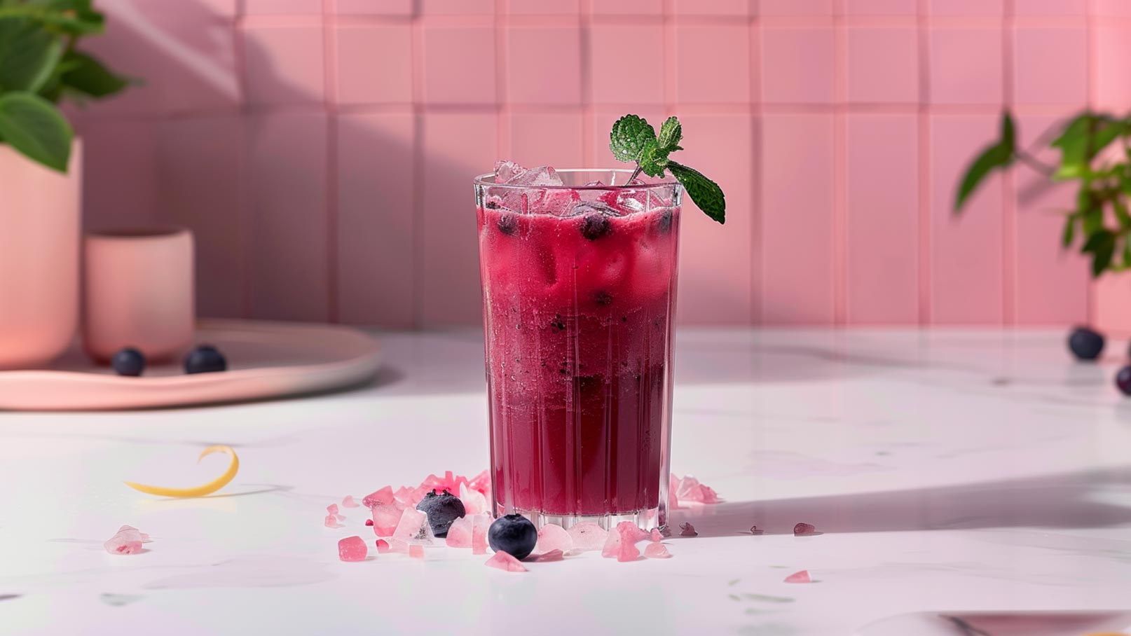 Das Bild zeigt ein Glas, gefüllt mit einem erfrischenden Blaubeer-Smoothie. Zur Dekoration stecken ein Strohhalm, ein paar frische Minzeblätter und Blaubeeren im Glas. Um das Glas herum liegen weitere frische Blaubeeren und Minze, die das Aroma des Smoothies unterstreichen. Die lebendigen blauen und grünen Farben verleihen dem Bild eine frische und ansprechende Optik.