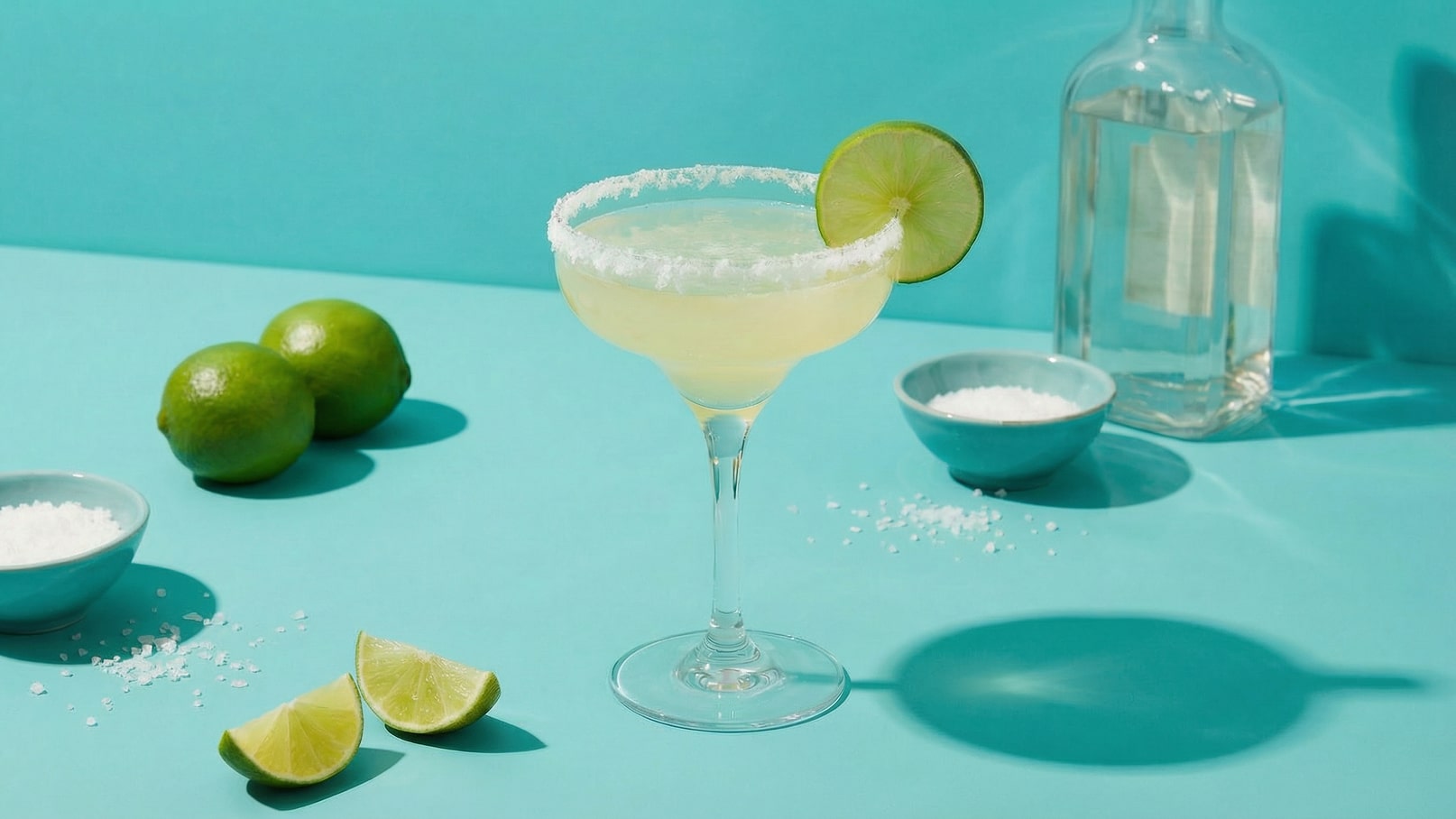Ein Cocktailglas mit Margarita, verziert mit einer Limettenscheibe und Zuckerrand, steht auf einem türkisfarbenen Tisch. Neben dem Glas liegen zwei Limettenhälften und ein Schälchen mit Salz. Im Hintergrund ist eine Flasche mit klarem Getränk zu sehen.