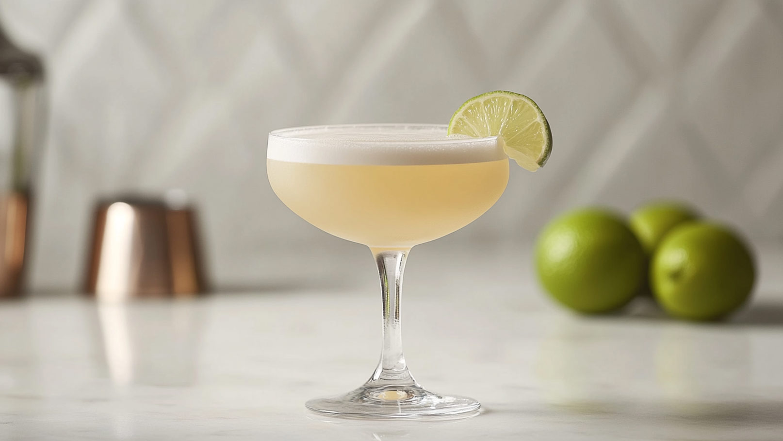 Ein Cocktail in einer eleganten, breiten Gläser mit einem Schaumrand. Eine Limettenscheibe ist am Rand des Glases angebracht. Im Hintergrund sind grüne Limetten sichtbar.