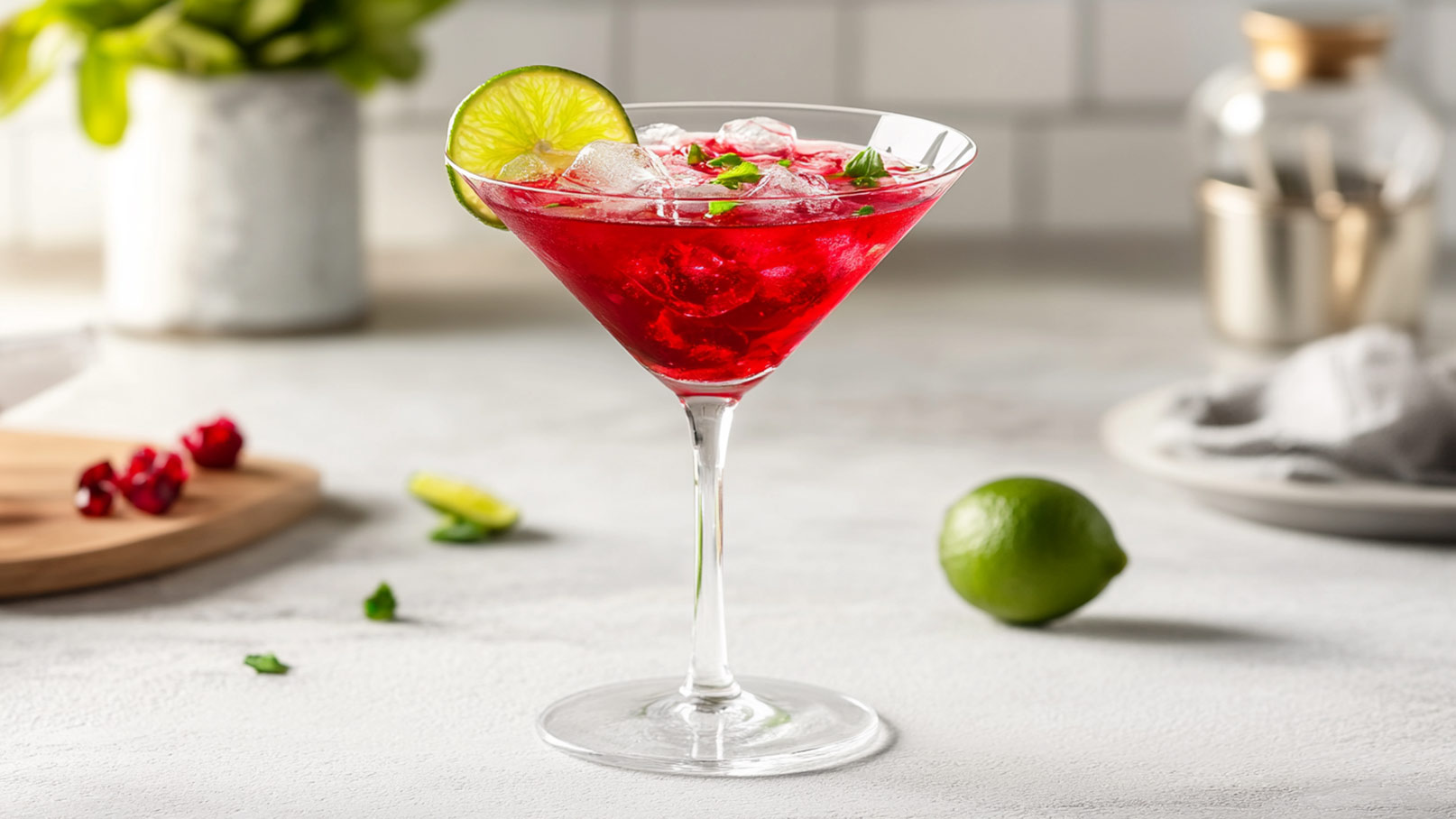 Auf dem Bild sind zwei elegante Gläser zu sehen, randvoll gefüllt mit einem herrlich pinken Cosmopolitan Cocktail. An den Glasrändern haften Zuckerränder, die den edlen Look des Getränks unterstreichen. Zudem befindet sich an jedem Glasrand eine Zitronenscheibe, die zur Dekoration dient. Im Hintergrund ist eine schwarze Oberfläche zu erkennen, auf der einige frische Zitronen platziert sind. Die Inszenierung strahlt Eleganz und Stil aus und macht Lust, dieses erfrischende Getränk zu kosten.