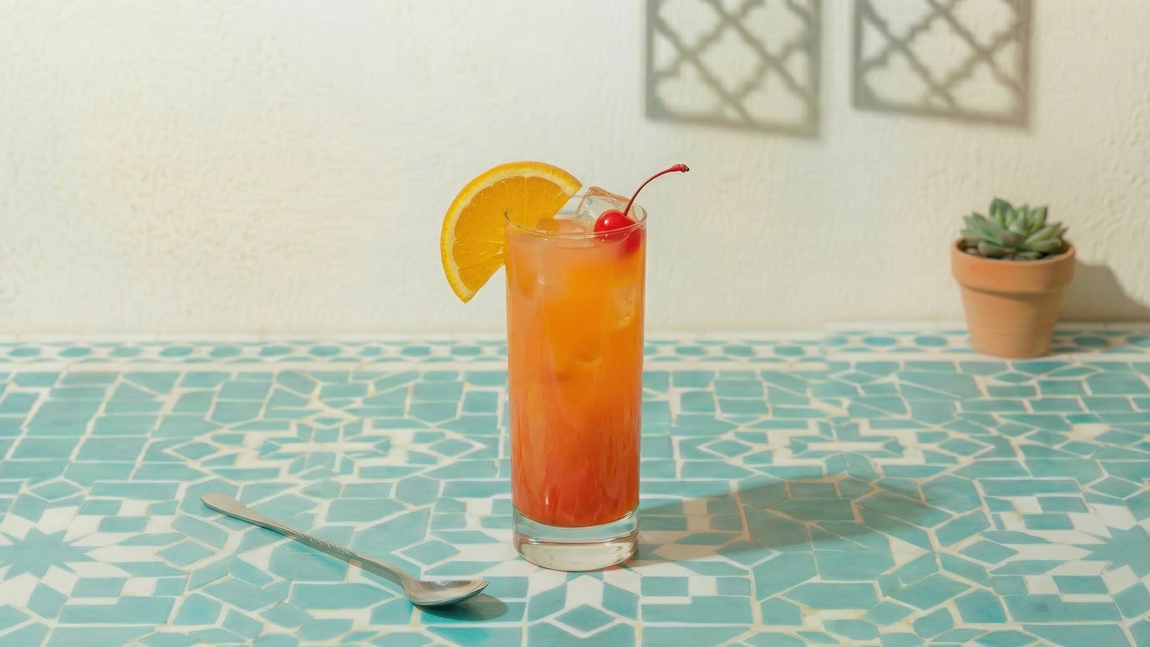 Ein erhöhter Glasbecher mit einem bunten Cocktail, garniert mit einer Orangenscheibe und einer Kirsche, steht auf einem türkisfarbenen, gemusterten Tisch. Daneben liegt ein Löffel. Im Hintergrund ist eine Wand mit texturiertem Muster.