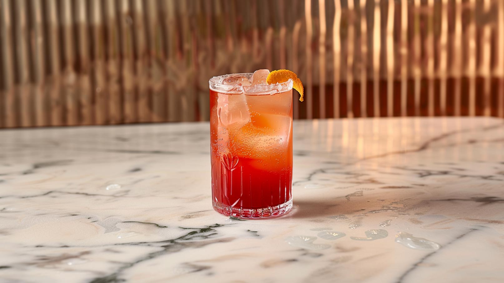 Auf dem Bild ist ein Glas zu sehen, randvoll gefüllt mit dem berühmten Cocktail "Sex on the Beach", das mit Eiswürfeln verfeinert ist. Am Glasrand sind eine saftige Orange und eine verlockende Kirsche als Dekoration platziert. Im Hintergrund sind weitere frische Früchte zu erkennen, und dahinter glitzert ein erfrischender Pool. Das Glas steht auf einem rustikalen braunen Holztisch, was dem Bild eine natürliche und entspannte Atmosphäre verleiht.