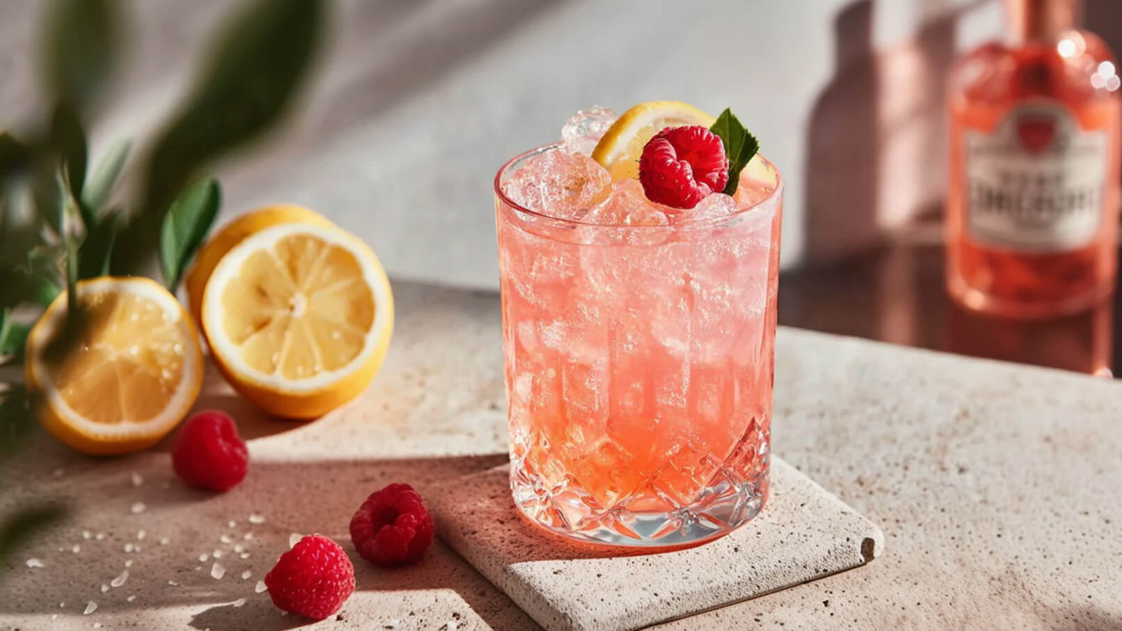 Ein erfrischender Cocktail in einem dekorativen Glas mit Eiswürfeln, garniert mit einer Himbeere und einer Zitronenscheibe. Im Hintergrund liegen zwei halbierte Zitronen und einige frische Himbeeren auf einer neutralen Fläche.