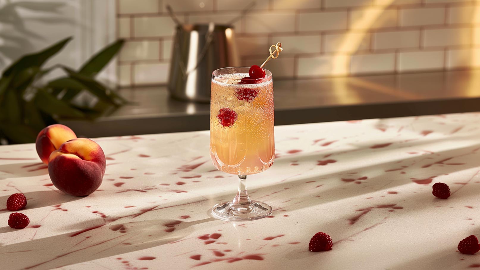 Das Bild zeigt zwei elegante Gläser gefüllt mit dem erfrischenden Bellini-Cocktail, der mit einer fruchtigen Beerenmischung aus Himbeeren, Erdbeeren, Pfirsichen und Minze getoppt ist. Der Hinter- und Untergrund strahlt in den freundlichen Farben Gelb, Orange und Rot, was dem Bild eine warme und einladende Atmosphäre verleiht. Um die Gläser herum liegen ebenfalls frisches Obst und Minze, was die Frische und Farbenpracht des Cocktails unterstreicht.