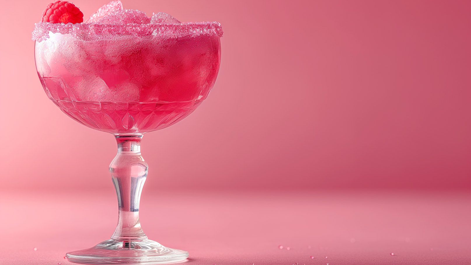 Das Bild zeigt ein elegantes Glas, das mit dem Pink Lady Cocktail und Eiswürfeln gefüllt ist, vor einem pinken Hintergrund. Der Cocktail strahlt Raffinesse und Frische aus und lädt dazu ein, sich zu entspannen und zu genießen. Die lebendige Farbe des Cocktails und des Hintergrunds verleihen dem Bild eine ansprechende und stilvolle Atmosphäre.