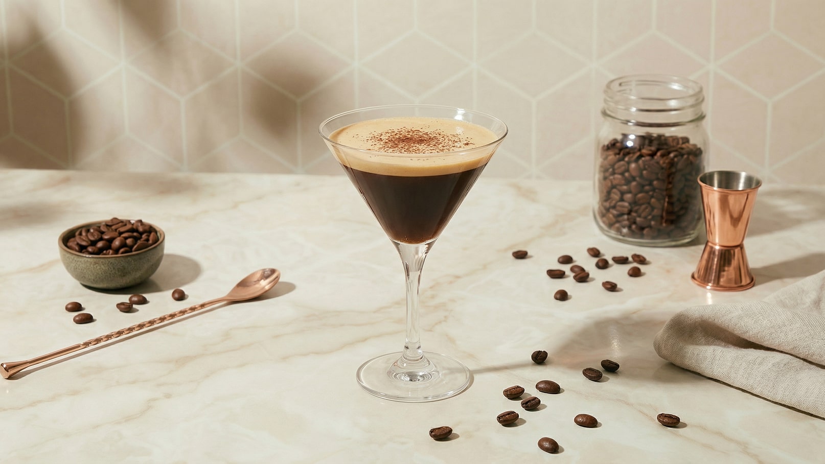 Ein eleganter Cocktail in einer Martiniglas, gefüllt mit dunklem Kaffee und einer Schaumkrone obendrauf, ist im Mittelpunkt. Um das Glas sind einige Kaffeebohnen verteilt und ein kleiner Löffel aus Kupfer liegt daneben. Im Hintergrund steht ein Glasbehälter mit weiteren Kaffeebohnen.