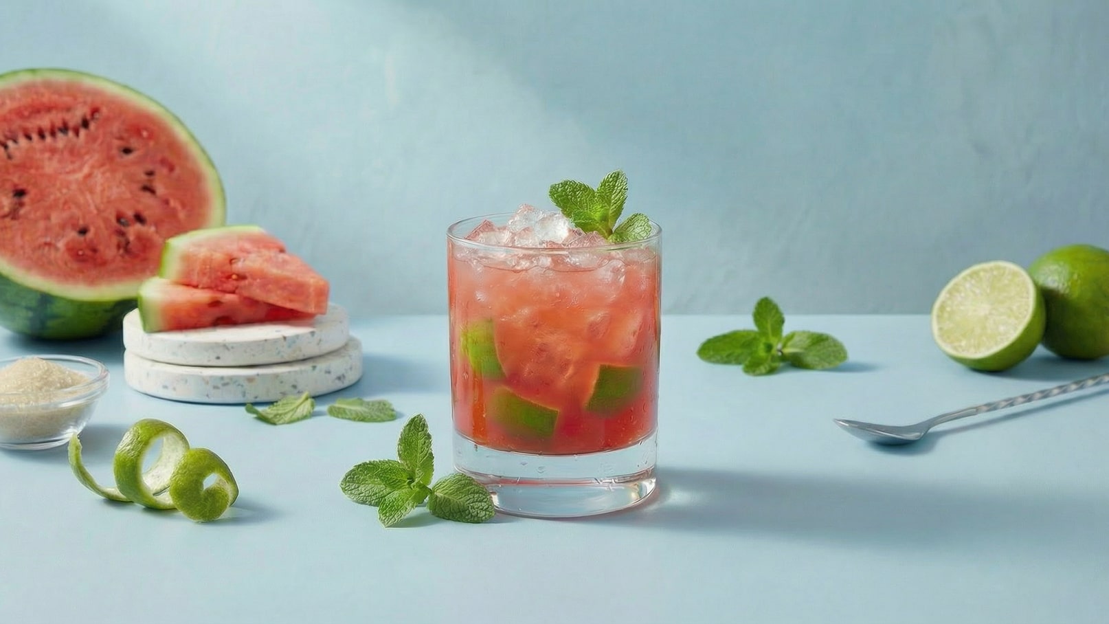 Ein frischer Cocktail mit Wassermelone und Limette, gefüllt mit Eiswürfeln und dekoriert mit frischer Minze. Im Hintergrund sind eine halbierte Wassermelone, Limettenhälften und einige Minzblätter sichtbar. Der Untergrund ist hellblau und sorgt für eine frische Atmosphäre.