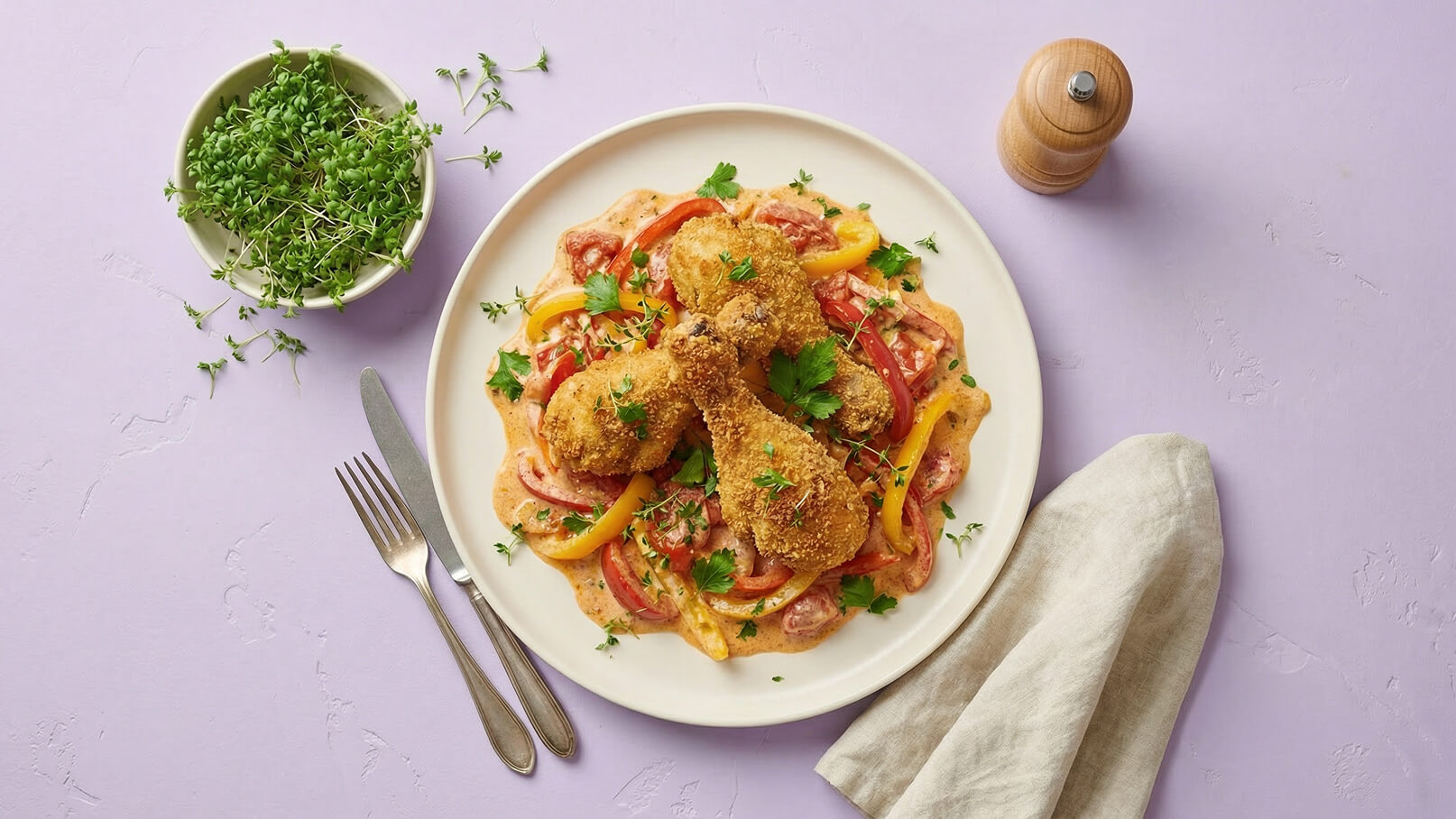 Ein Teller mit drei knusprigen Hähnchenschenkeln auf einer bunten Gemüsebasis aus Tomaten und Paprika. Frische Kräuter sind darüber gestreut. Neben dem Teller befindet sich eine Schüssel mit Sprossen. Im Hintergrund sind Besteck und ein Pfeffermühle sichtbar.