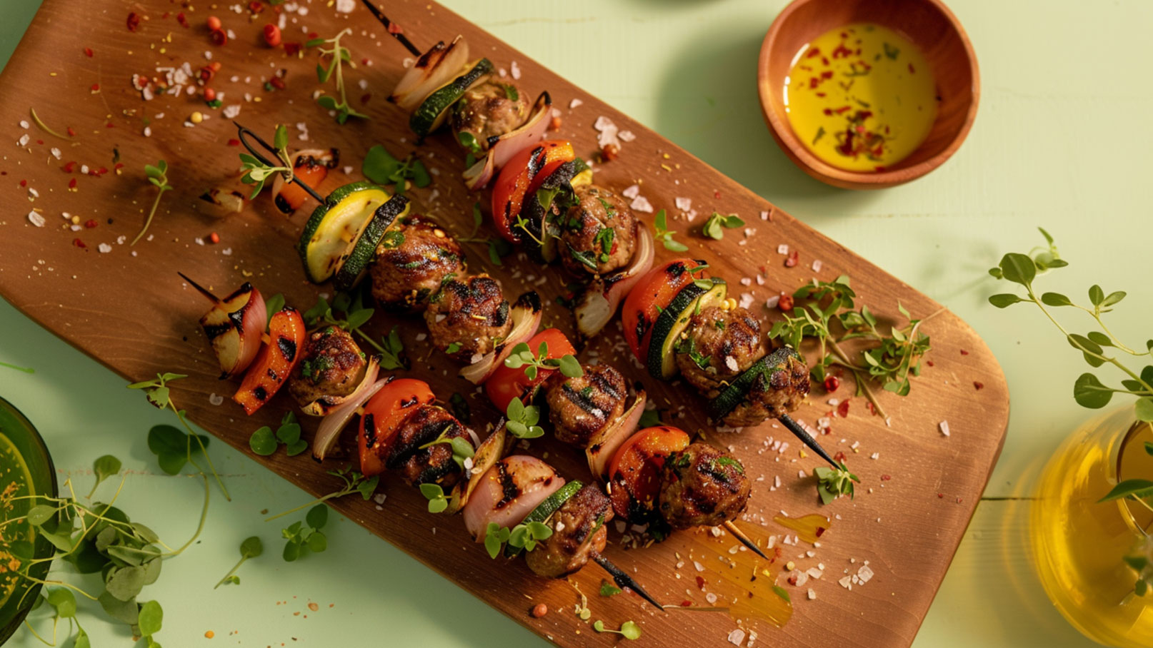 Gegrillte Fleischspieße auf einer Holzplatte, umgeben von frischem Gemüse wie Zucchini, Paprika und Zwiebeln. Einige Kräuter und grobes Salz sind dekorativ verstreut. Im Hintergrund befindet sich eine kleine Schale mit Olivenöl.