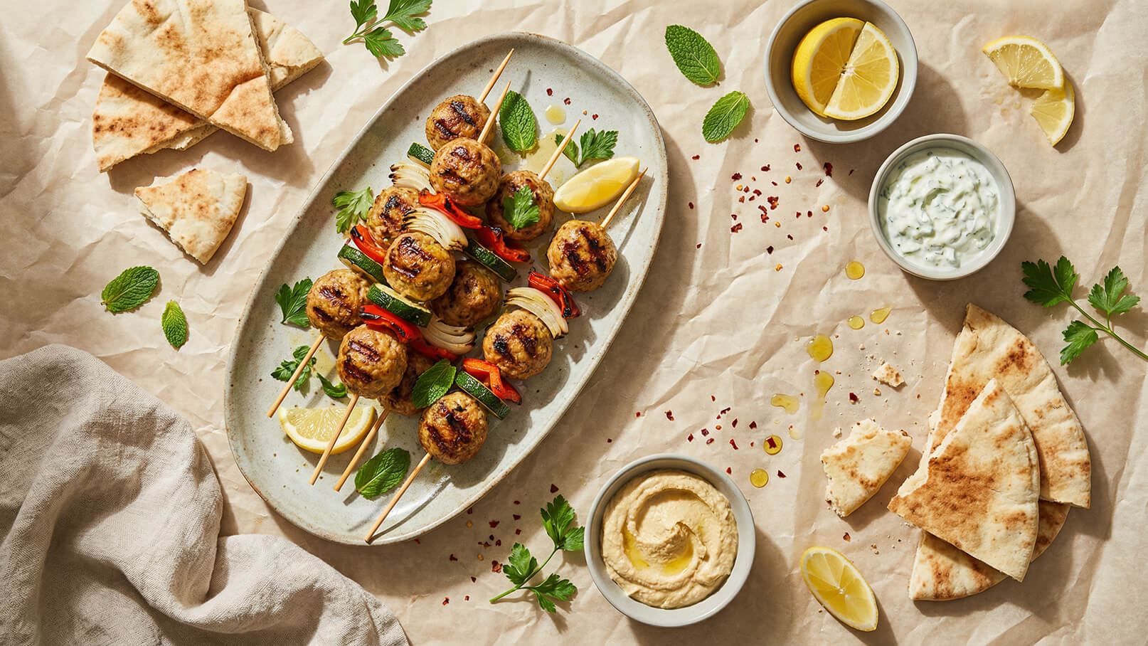 Ein Teller mit gegrillten Fleischspießen, eingekreist von frischen Kräutern, Gemüse und Zitronenscheiben. Daneben befinden sich Schalen mit Joghurtsoße und Hummus sowie mehrere Stücke Fladenbrot. Der Hintergrund besteht aus crumpligem Papier, das dem Bild eine rustikale Note verleiht.