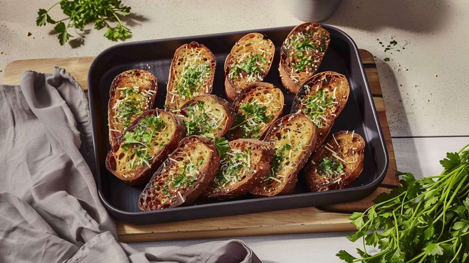 Ein schwarzes Blech enthält knusprige Brotscheiben, die mit frischem Schnittlauch und Käse belegt sind. Die Brotscheiben sind goldbraun und gleichmäßig angeordnet. Im Hintergrund liegen frische Kräuter, die zusätzlich zur Präsentation beitragen.