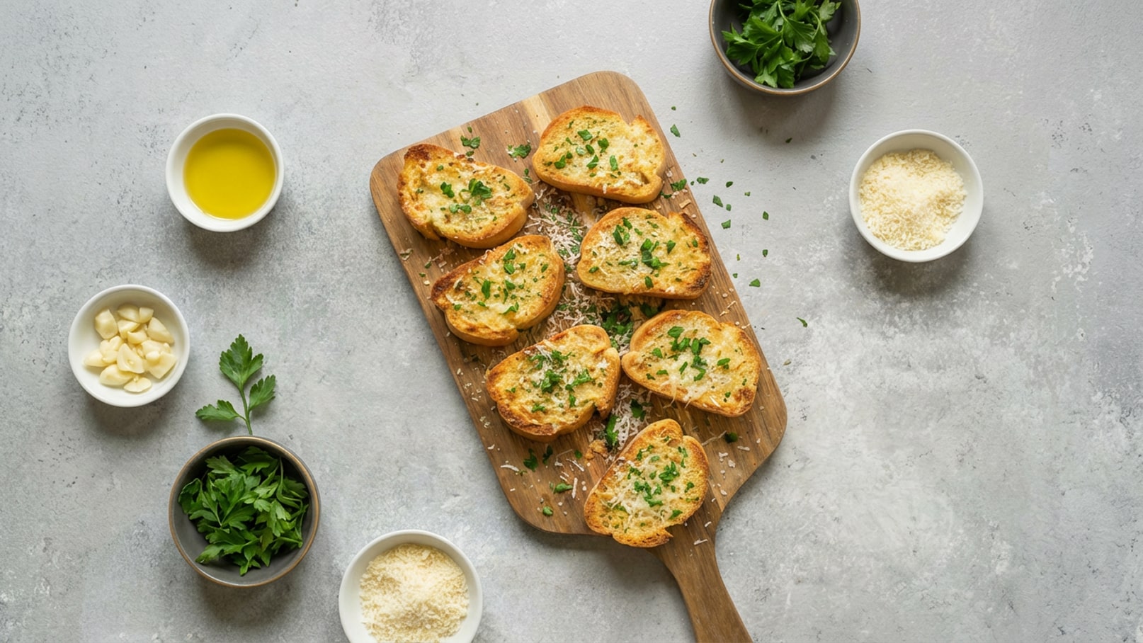 Ein Holzbrett mit gerösteten Brotscheiben, die mit Kräutern bestreut sind. Um das Brett sind kleine Schalen mit Olivenöl, gehacktem Knoblauch, Petersilie und geriebenem Käse angeordnet. Der Hintergrund ist grau und ganz schlicht.