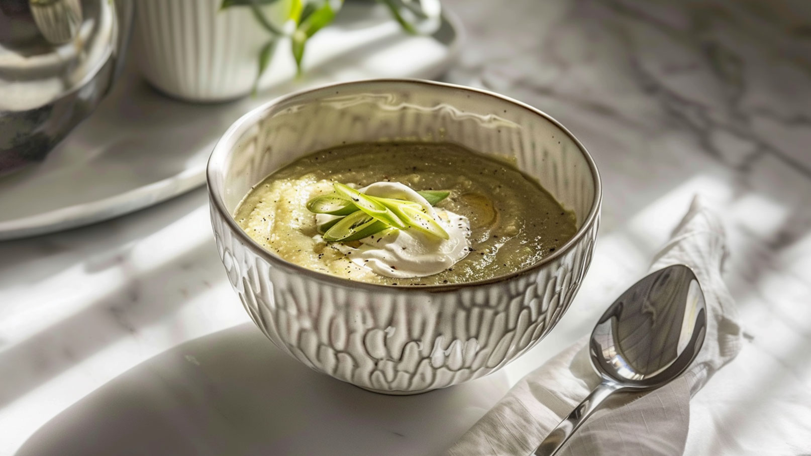 Eine Schüssel mit cremiger Suppe, garniert mit einem Klecks Sauerrahm und frischen Frühlingszwiebeln. Die Schüssel hat ein elegantes, strukturiertes Design. Im Hintergrund sind eine weiße Serviette und ein glänzender Löffel zu sehen.