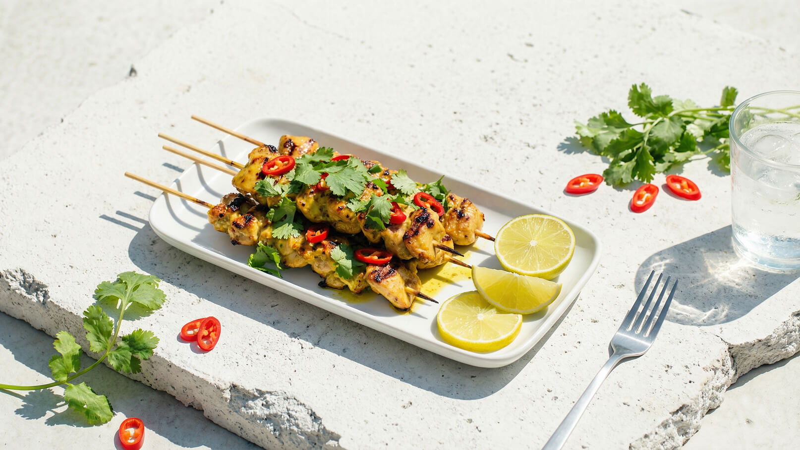 Auf einem weißen Teller liegen gegrillte Hähnchenspieße, dekoriert mit frischem Koriander und roten Chili-Scheiben. Neben dem Teller liegen zwei Limettenscheiben. Im Hintergrund steht ein Glas Wasser mit Eiswürfeln.