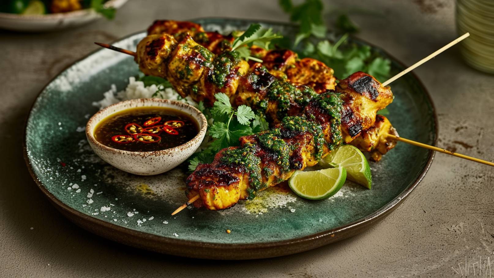 Gegrillte Hähnchenspieße liegen auf einem Holzbrett, garniert mit frischer Petersilie. Im Hintergrund sind zwei halbierte Zitronen zu sehen. Die Spieße haben eine schöne Grillmarkierung und sind goldbraun.