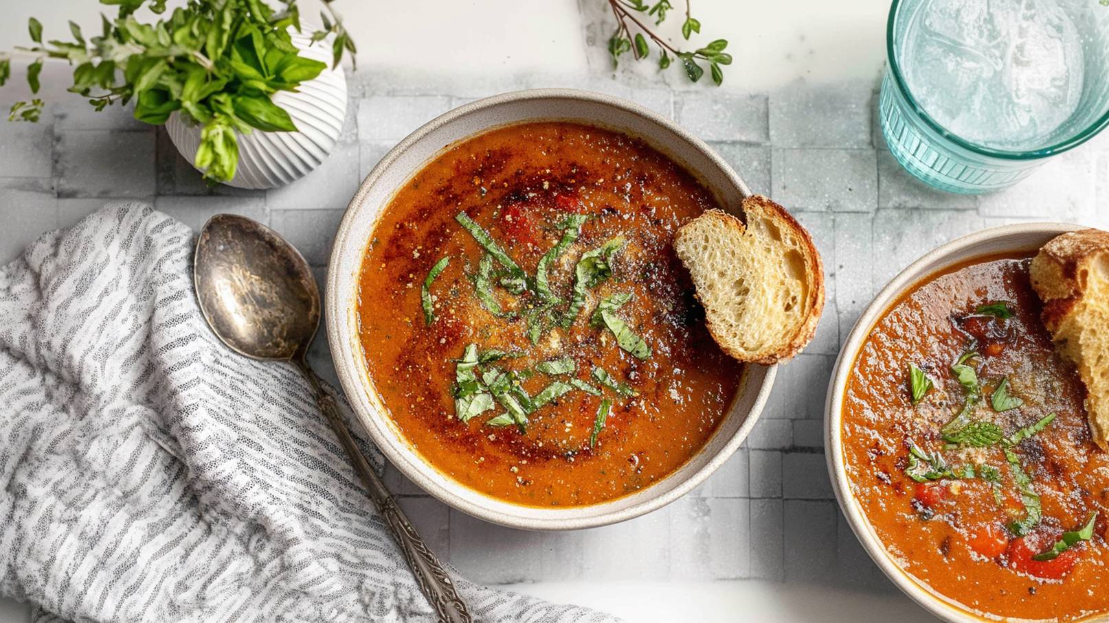 Eine Schüssel Tomatensuppe mit frischem Basilikum ist im Vordergrund zu sehen. Neben der Suppe liegt ein Stück Brot. Im Hintergrund steht ein Glas Wasser. Ein Handtuch aus gestreiftem Stoff liegt neben der Schüssel.