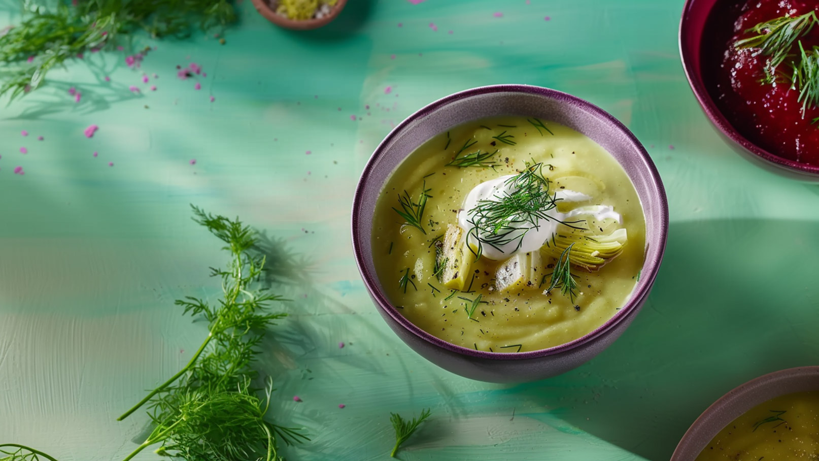 Eine cremige Suppe in einer runden Schüssel, garniert mit frischem Dill und einem Klecks Sauerrahm. Im Hintergrund sind zwei weitere Schüsseln erkennbar, die verschiedene Soßen enthalten. Der Tisch ist in sanften Grün- und Pinktönen gehalten.