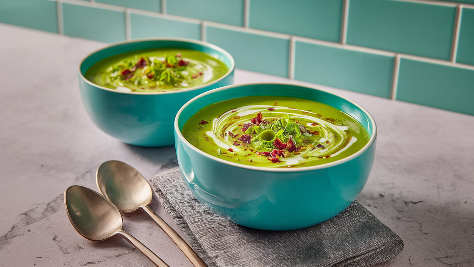 Zwei türkisfarbene Schalen mit grüner Suppe, garniert mit frischen Kräutern und roten Flocken, stehen auf einem grauen Tuch. Im Hintergrund ist eine kachelige Wand sichtbar. Esslöffel liegen neben den Schalen.