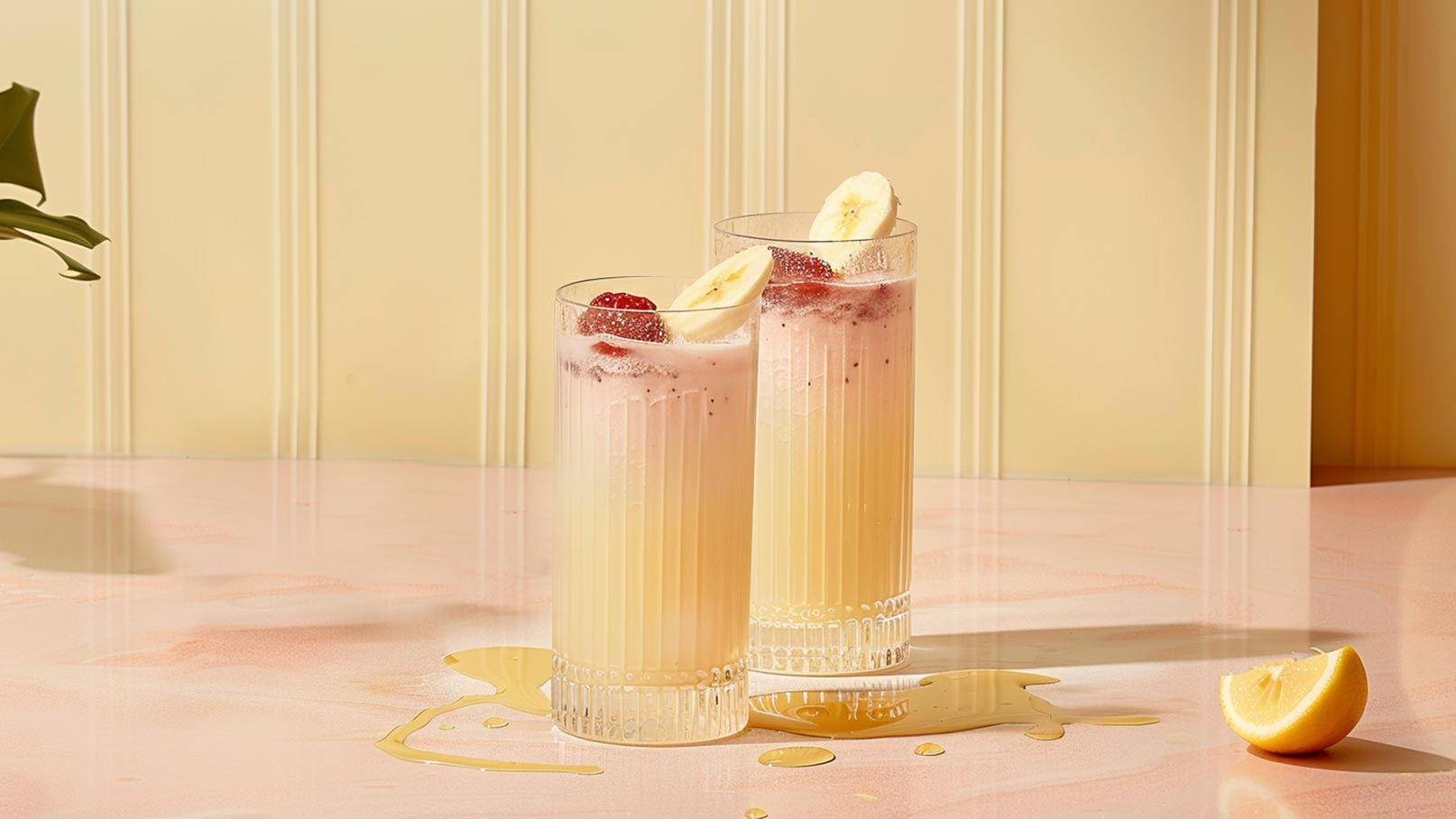 Ein Glas Bananenmilchshake mit zwei Strohhalmen steht auf einem Tisch. Im Hintergrund sind frische, gelbe Bananen und in Scheiben geschnittene Bananen zu sehen.