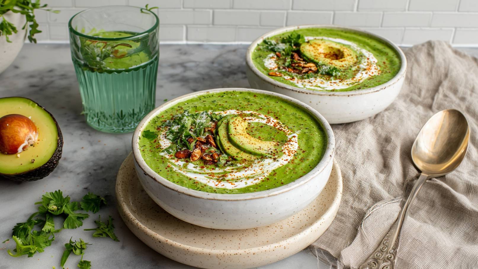 Zwei Schalen mit grüner Suppe, garniert mit Avocadoscheiben, gehacktem Koriander und gerösteten Nüssen. Neben den Schalen steht ein Glas mit grünem Getränk. Im Hintergrund sind frische Kräuter und eine halbierte Avocado zu sehen.