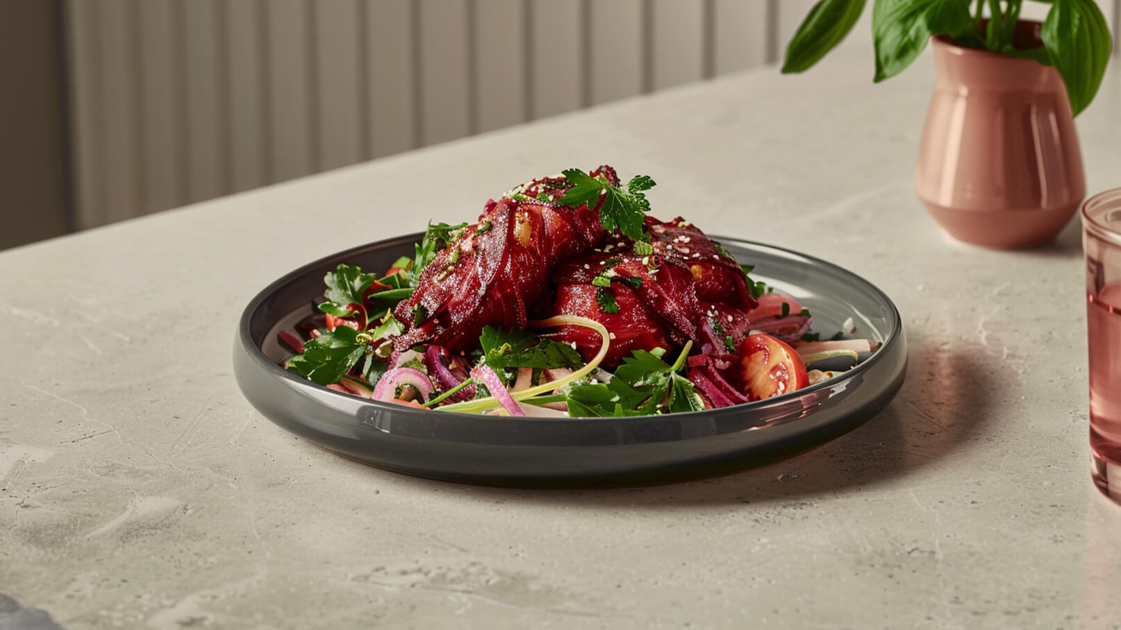 Ein Teller mit buntem Salat, der frische Kräuter, rotviolette Zwiebeln, geschnittene Tomaten und Sesam enthält. Die Zutaten sind kunstvoll arrangiert, und der Teller ist schwarz. Im Hintergrund befindet sich eine grüne Pflanze und ein Glas mit rotem Getränk.