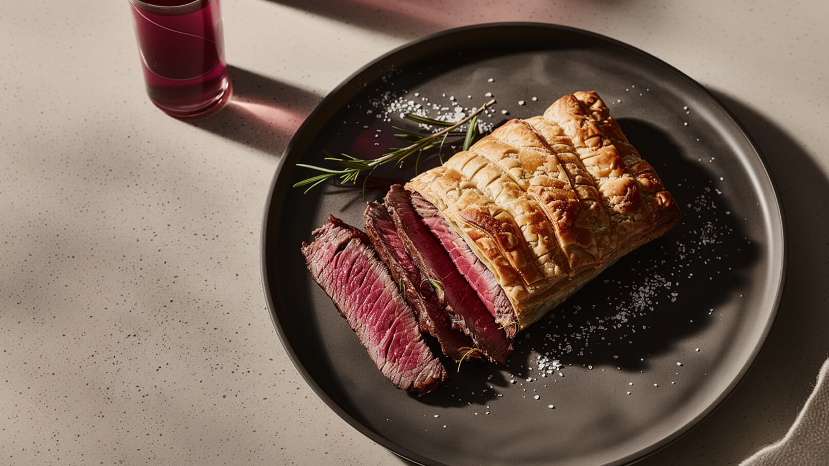 Ein Teller mit einer Portion Rinderfilet, das in Blätterteig eingewickelt und aufgeschnitten ist. Die Fleischscheiben zeigen eine saftige, rote Farbe. Darauf befinden sich einige Kräuter und eine Prise Salz. Ein Glas mit einem lilafarbenen Getränk steht neben dem Teller.