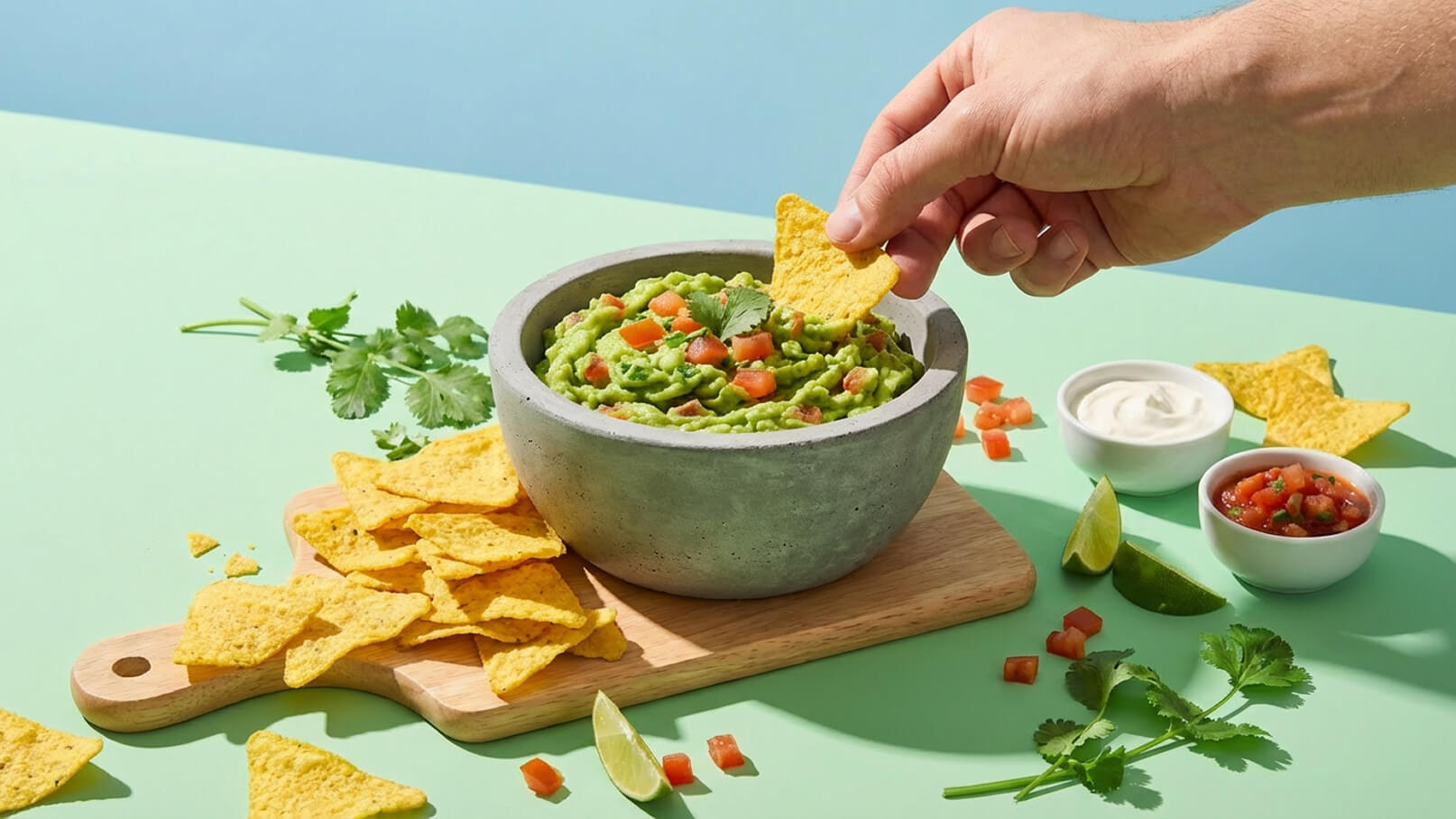 Ein Hand greift nach einer Nacho-Chips, um ihn in eine Schüssel mit Guacamole zu tauchen. Die Guacamole ist mit Tomatenstücken und Koriander garniert. Neben der Schüssel liegen mehrere Nachos und kleine Schalen mit Salsa und Sahne.