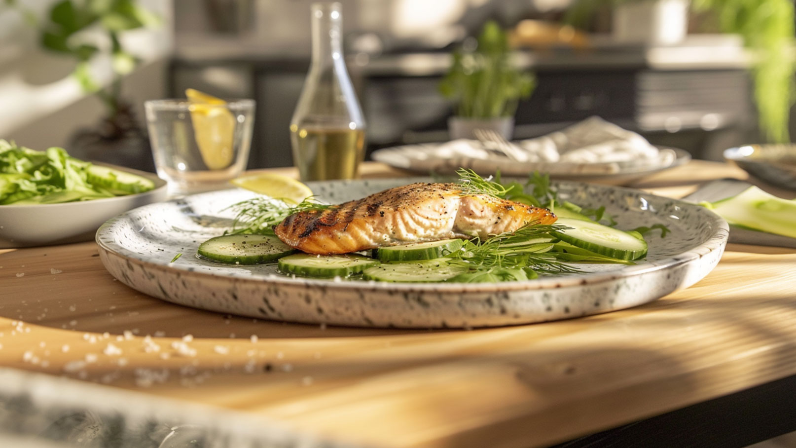 Ein Teller mit gebratenem Lachs liegt auf einem Holzuntergrund, umgeben von Gurkenscheiben und frischem Dill. Im Hintergrund sind eine Schüssel mit grünen Salatblättern und zwei Gläser Wasser mit Zitronenscheiben sichtbar. Die Szene ist gut beleuchtet.