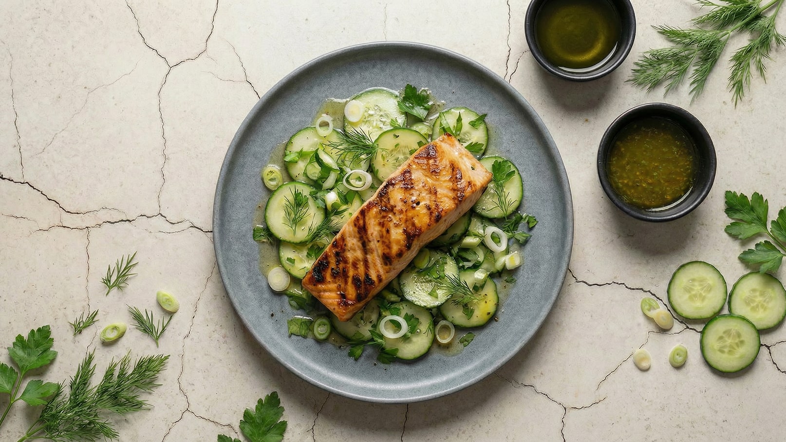 Ein Teller mit gegrilltem Lachs auf einem Bett aus Gurkenscheiben und frischen Kräutern. Daneben befinden sich kleine Schalen mit zwei verschiedenen Dips. Der Hintergrund ist eine helle, marmorierte Oberfläche.