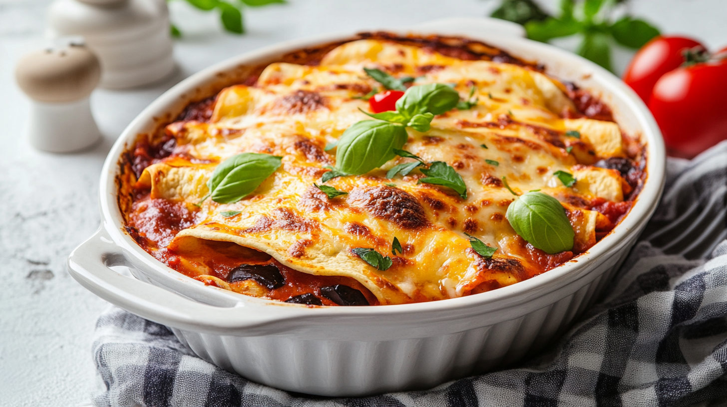 Auf dem Bild ist eine dampfende Pfanne zu sehen, gefüllt mit heiß und würzig überbackenen Enchiladas. Die Enchiladas sind großzügig mit Käse überzogen und strahlen eine goldbraune Farbe aus. Im Hintergrund sind zwei Schüsseln zu erkennen - eine große Schüssel mit gebackenen Kartoffeln und eine kleine Schüssel mit geriebenem Käse. Ein Glas mit frischen Kräutern verleiht dem Bild eine frische Note und rundet das Gericht ab.