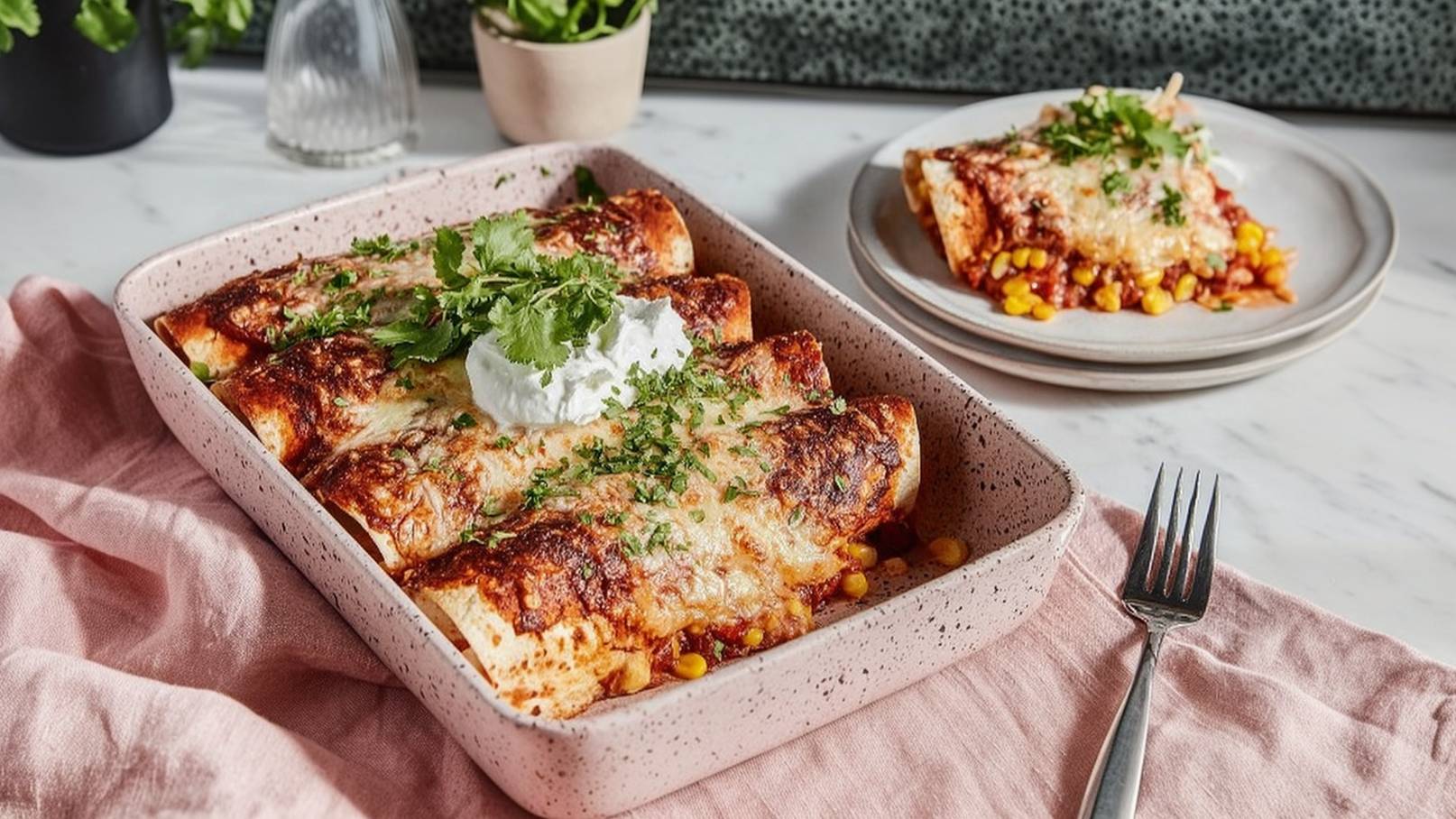 Auf dem Bild sind gefüllte Enchiladas in einer hellen Auflaufform zu sehen, garniert mit frischem Koriander und einem Klecks Sauerrahm. Neben der Auflaufform steht ein Teller mit einer Portion Enchiladas und einer Beilage aus Maissalat.