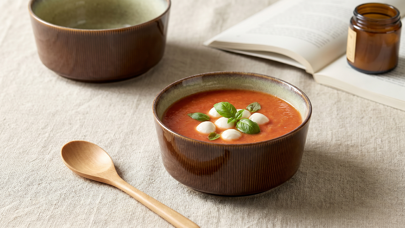 Eine Schüssel mit Tomatensuppe, garniert mit frischem Basilikum und kleinen Mozzarella-Kugeln, steht auf einem Tisch. Neben der Schüssel liegt ein Holzlöffel. Im Hintergrund ist eine zweite Schüssel und ein Buch sichtbar.
