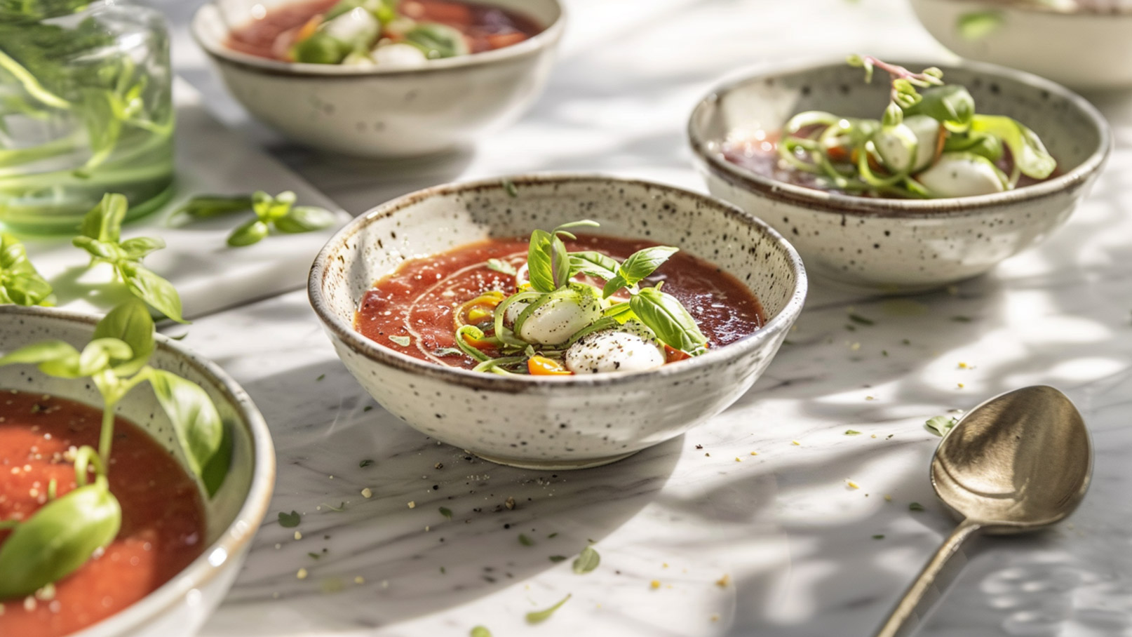 Eine dekorative Anordnung von Schalen mit Tomatensuppe, garniert mit frischem Basilikum und kleinen Mozzarellakugeln. Die Schalen stehen auf einem marmorierten Tisch, während Sonnenlicht sanfte Schatten wirft. Das Gesamtbild vermittelt eine einladende und frische Atmosphäre.