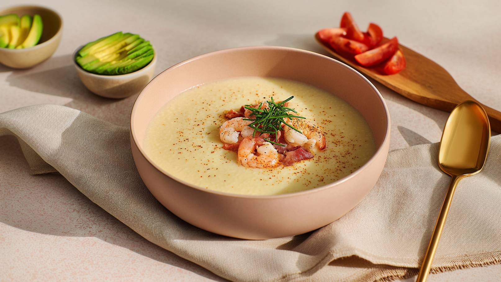 Eine cremige Suppe in einer rosa Schüssel, garniert mit Garnelen, Speck und Schnittlauch. Im Hintergrund befinden sich kleine Schalen mit Avocadoscheiben und geschnittenen Tomaten. Ein goldener Löffel liegt auf einem hellen Leinentuch.