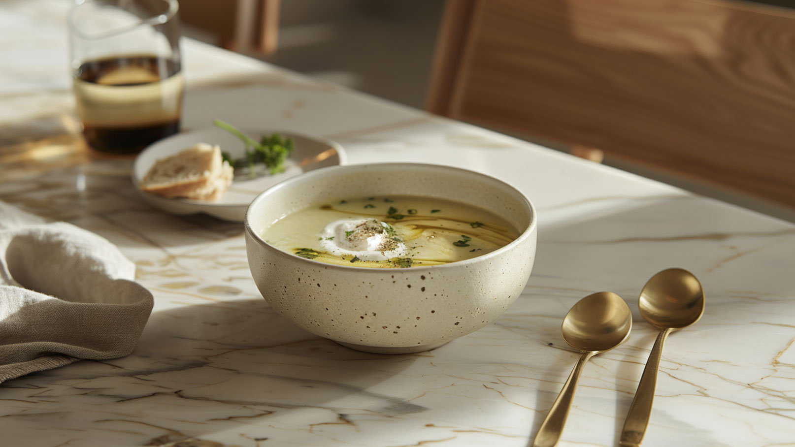 Eine porzellane Schale mit cremiger Suppe steht auf einem marmorierten Tisch. Die Suppe ist mit einem Klecks saurer Sahne und frischen Kräutern garniert. Neben der Schale liegen zwei goldene Löffel und ein Teller mit Brotstücken. Ein Glas mit einem dunklen Getränk ist ebenfalls sichtbar.