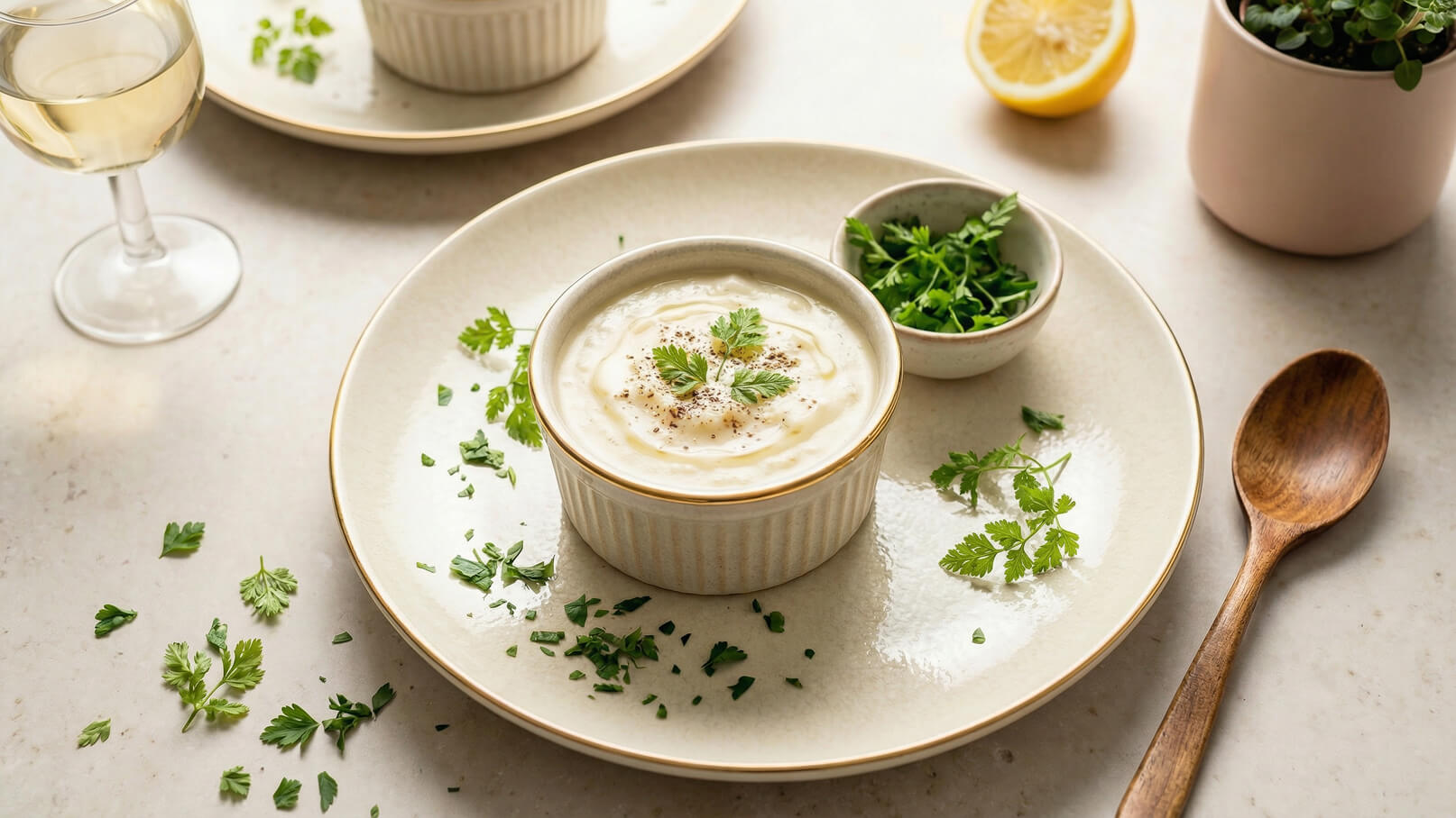 Ein weißes Schälchen mit cremiger Suppe, garniert mit frischem Koriander und schwarzem Pfeffer, steht auf einem Teller. Neben dem Schälchen liegt eine kleine Schale mit zerhacktem Koriander. Im Hintergrund sind ein Weinglas und eine Zitrone sichtbar.